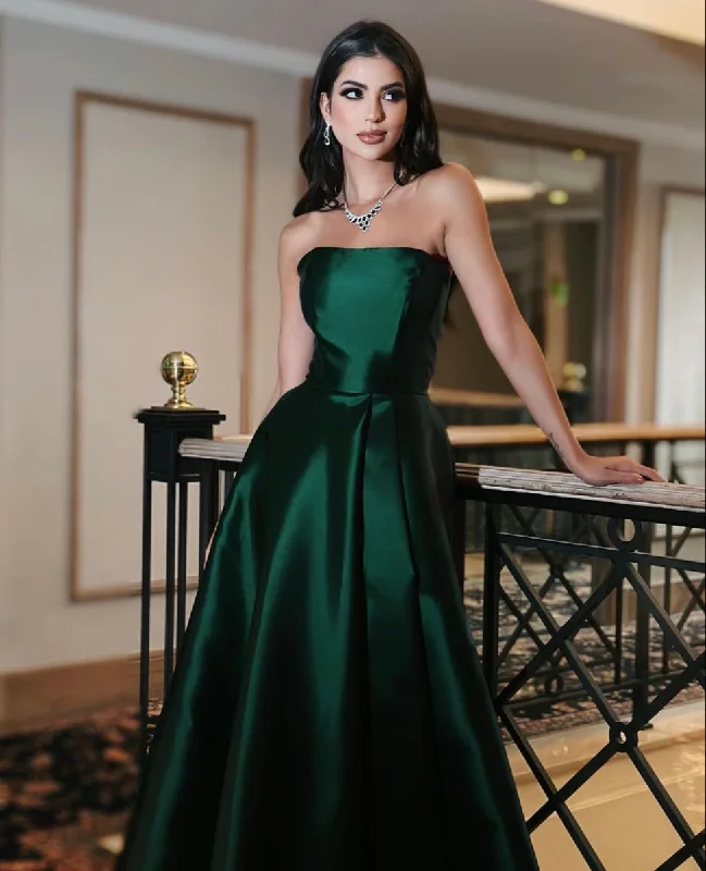 Best-Sellers Emerald Green Strapless A-line Evening Dress,Emerald Green Satin Formal Dress Y5372