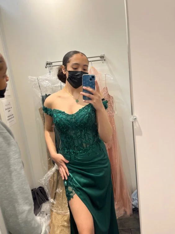 Save On Inspired Styles Green Mermaid Off-Shoulder Applique Pleated Satin Long Prom Dress with Slit Y5813