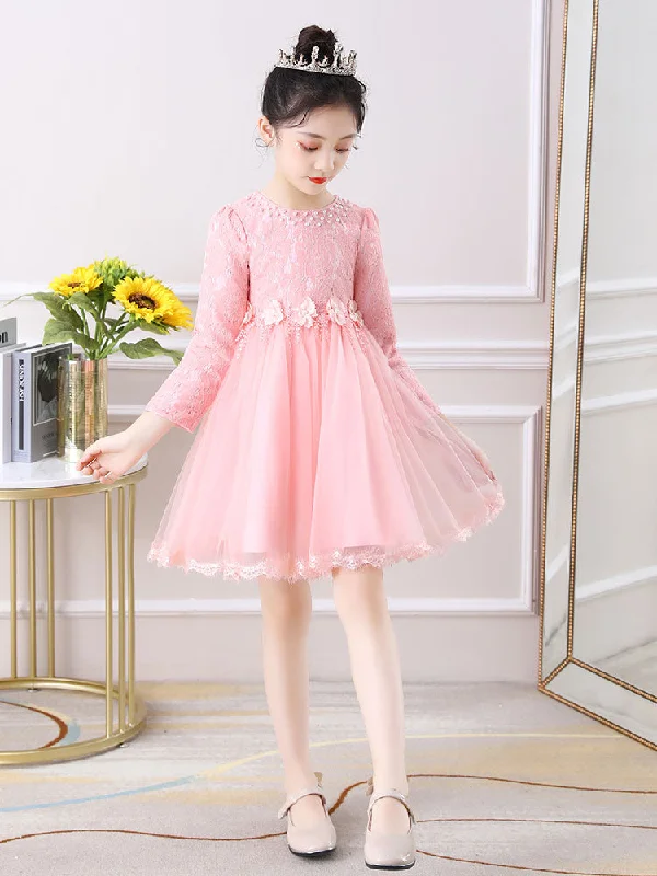 Special Offer Light Pink Jewel Neck Long Sleeves Beaded Tulle Lace Kids Social Party Dresses