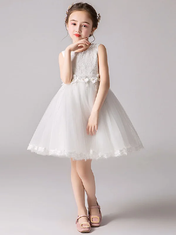 Fashion-Forward Outfits Jewel Neck Tulle Knee-length Princess Flowers Formal Kids Pageant flower girl dresses