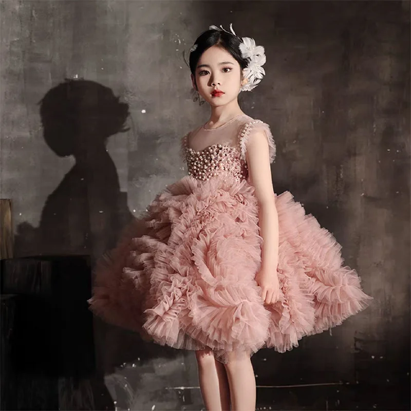 Special Occasion Wear Roycebridal Luxury Pink Baby Flower Girl Dresses Arabic Pearls Princess Kids Ball Gown for Birthday Wedding Party Pageant J042