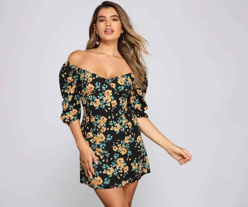 Tropical Island - Inspired Attire Floral Frenzy Off Charming The Shoulder Skater Dress