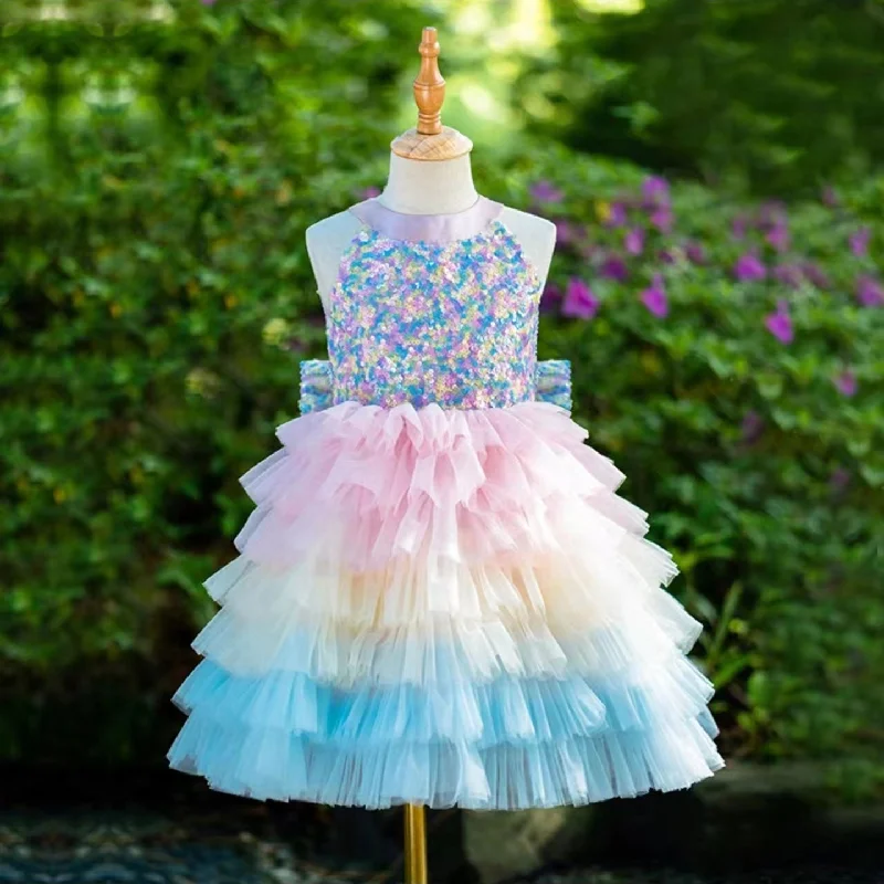 Fashion Sale Roycebridal Sparkly Flower Girl Dress Tiered Bow Elegant Kids Princess Birthday Wedding Party Children Holiday Pageant Gown J004