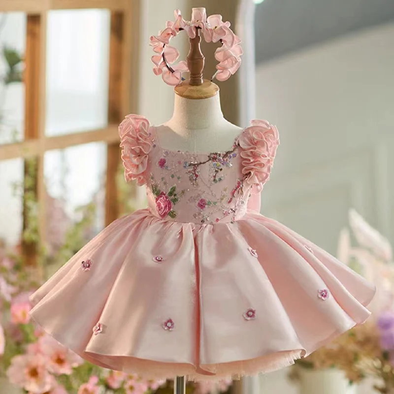 Pastel Styles Roycebridal Elegant Dubai Pink Girl Dress 3D Flowers with Hairband for Kids Wedding Birthday Communion Party Pageant 2025 J026