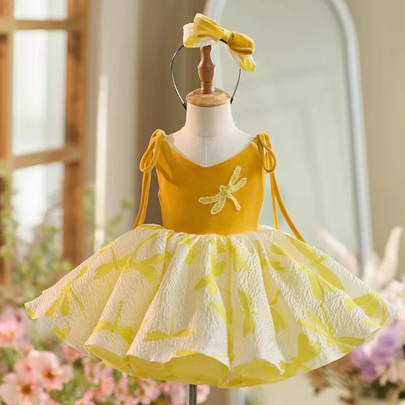 End Of Season Sale Roycebridal Elegant Dubai Yellow Girl Dress Short Gown for Kid Wedding Birthday Communion Party Pageant 2025 J006