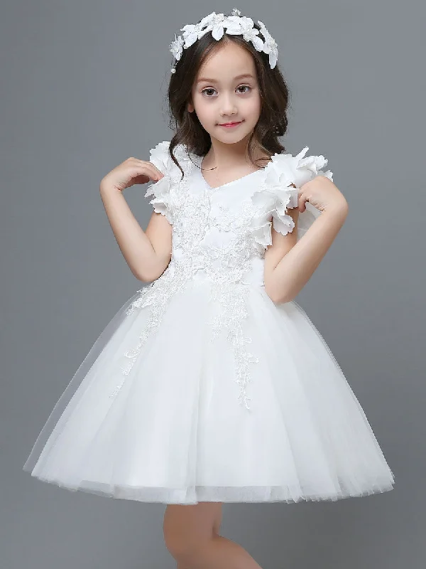 Wardrobe Essentials White A-Line Zipper V-Neck Sleeveless Tulle Flowers Kids Party Dresses