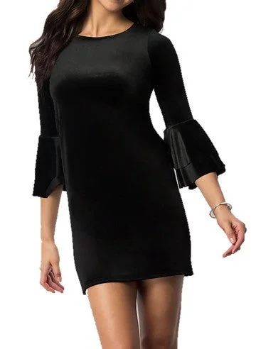 Today Only VELVET DOUBLE FLOUNCE 3/4 SLEEVE PARTY DRESS