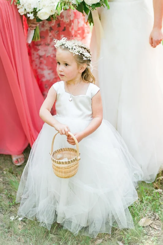 Save On Classic Elegant Styles Square Neck Floor Length Ivory Flower Girl Dress Tulle