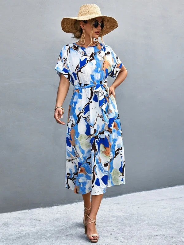 Holiday Sale Women Print Round Neck Neck Short Sleeve Dress