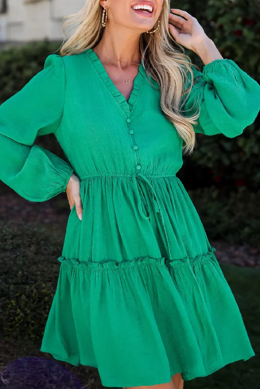 Feminine Soft - Hued Styles Sea Green Frill V Neck Puff Sleeve Drawstring Mini Dress