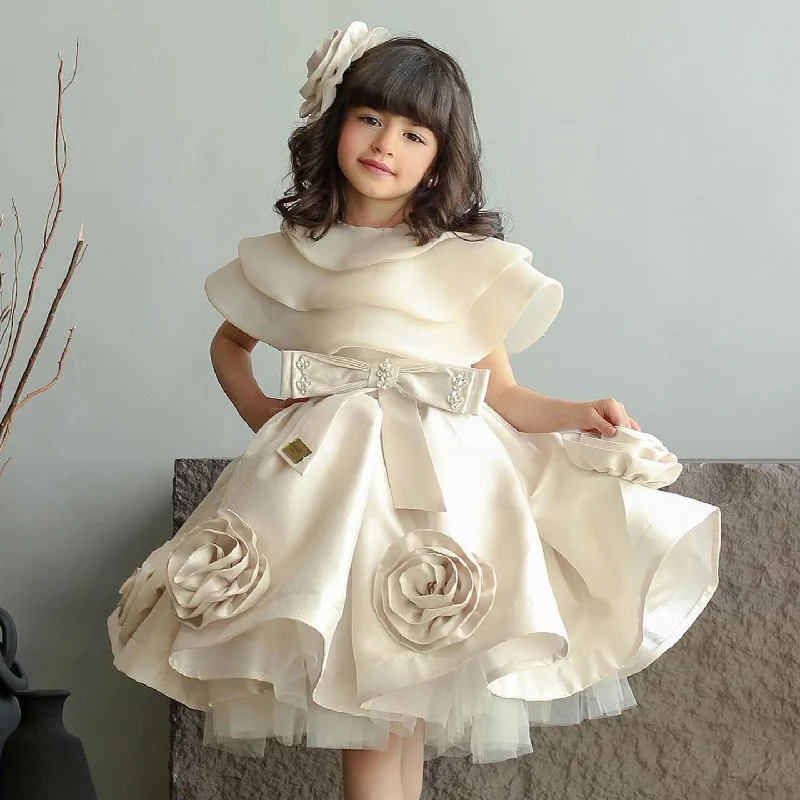 Elegant Style Roycebridal Elegant Beige Girl Dresses Handmade Flowers with Headgear for Kids Wedding Birthday Holiday Party Gown 2025 J104