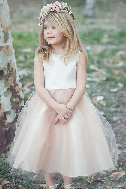 Limited - Edition Drops Scoop Neck Ivory Champagne Flower Girl Dress with Tulle Skirt