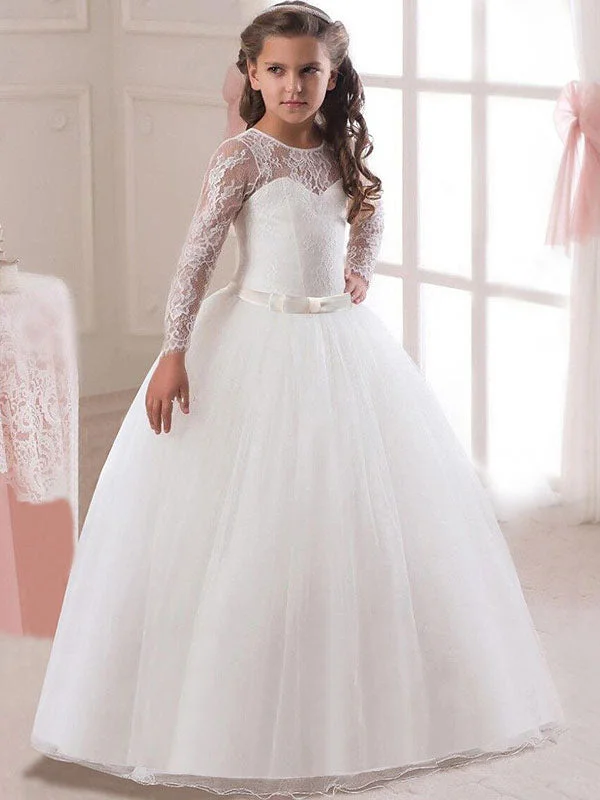 Spring Wardrobe White Princess Pageant Dress Long Sleeve Lace Kids Bow Sash Long Party Dress