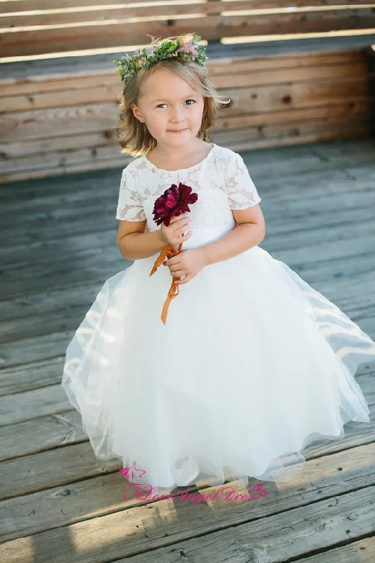 Latest Fashion Puffy Tulle Lace Short Sleeves Flower Girls Wedding Party Dress