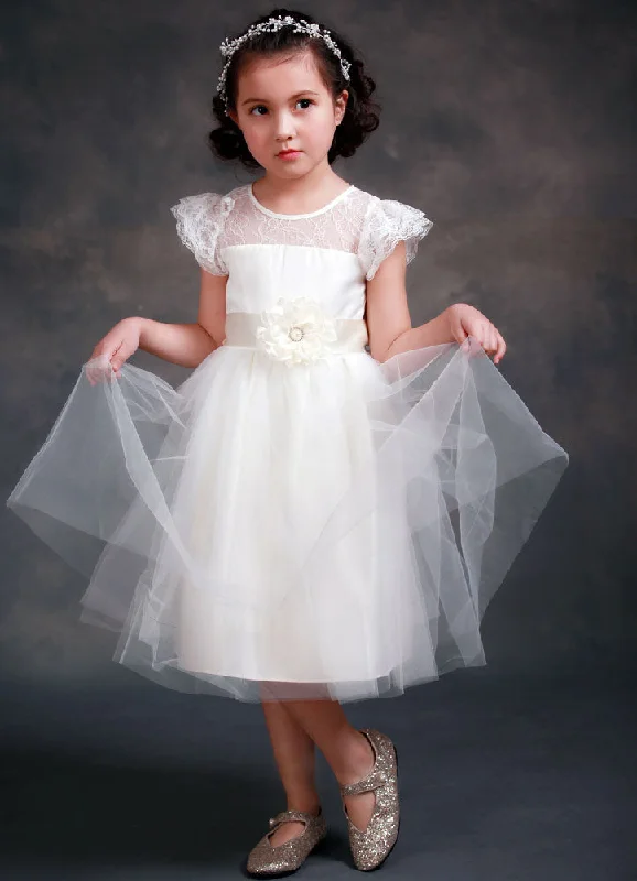 Budget-Friendly Fashion Satin Flower Girl'S Dress Ball Gown Illusion Neck Short Sleeves Girl'S Princess Formal Dress