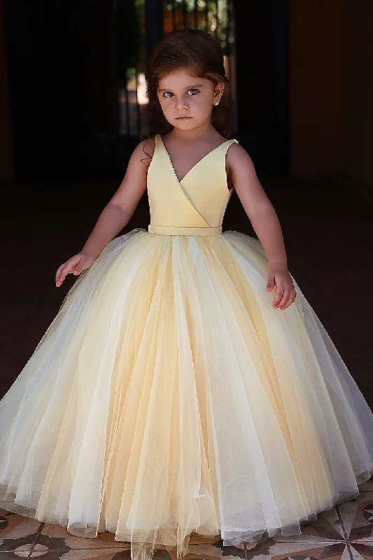 Weekend Special Yellow V-neckline Tulle Flower Girl Dress Kids Communion Dresses