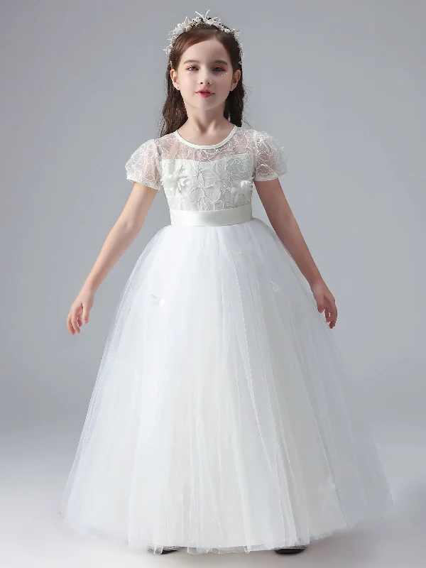 First Order Discount White Jewel Neck Short Sleeves Flowers Embellishment Tulle Lace Kids Social Party Dresses