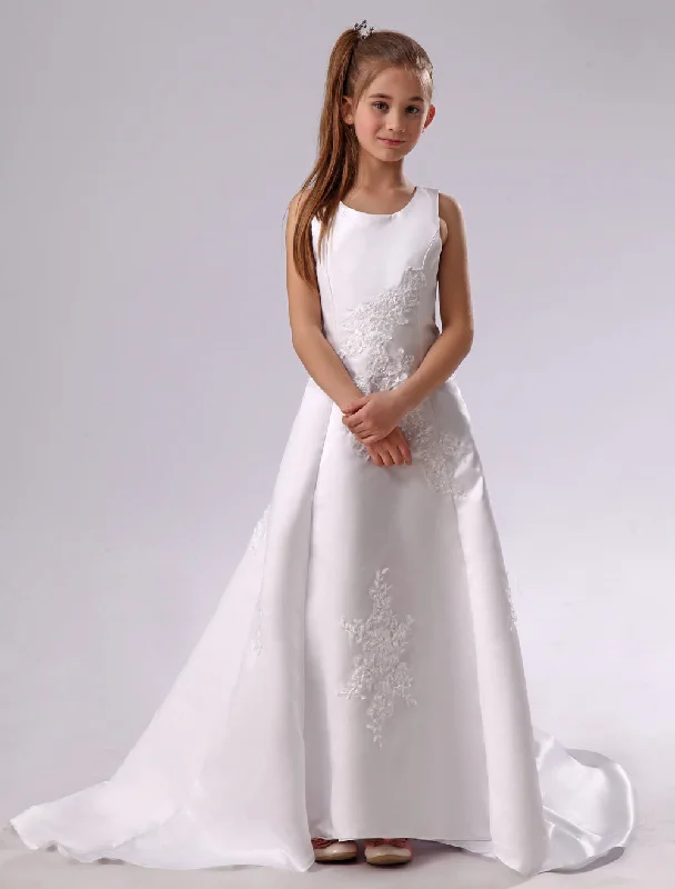 Day-To-Night Styles Long Backless Applique Satin White flower girl dress