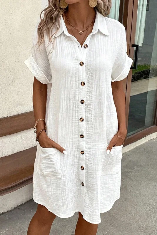 Feminine Soft - Hued Styles White Solid Color Button Front Roll Up Sleeve Shirt Midi Dress