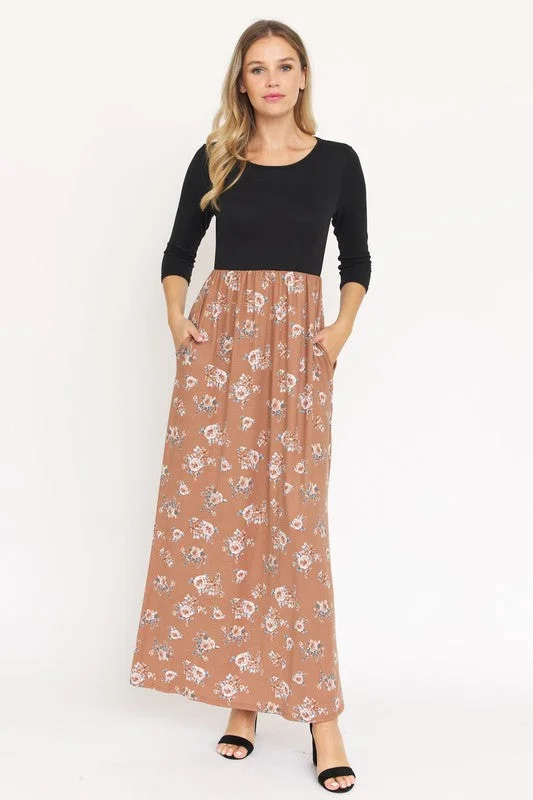 Feminine Soft - Hued Styles Quarter Sleeve Floral Maxi Dress