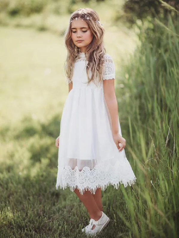 Fashion-Forward Tulle Jewel Neck Short Sleeves Short A-line Kids Party Dresses