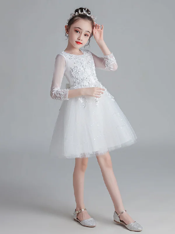 Fashion Sale White Jewel Neck Sleeves Tulle Polyester Cotton Lace Embroidered Kids Party Dresses