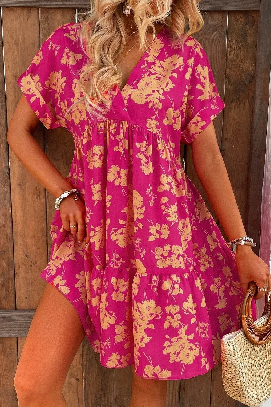 Style Upgrade Rose Floral Short Sleeve Surplice Neck Ruffled Mini Dress