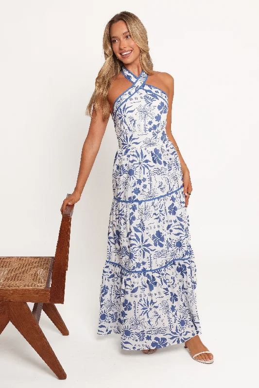 Grab Romantic Date - Night Styles Now Fernanda Halterneck Maxi Dress - Blue Tropical