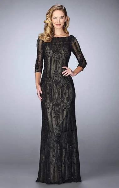 Parisian Effortless Chic Style La Femme 24855 - Quarter Sleeve Patterned Lace Evening Gown