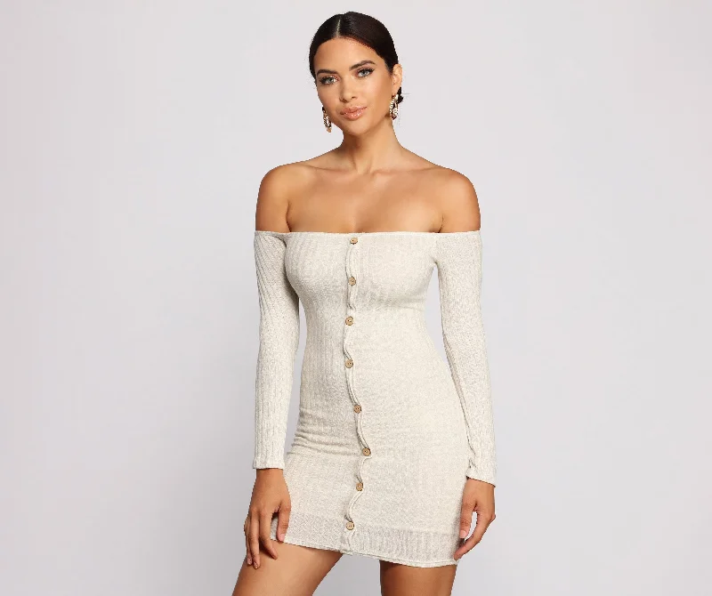 Big Savings On Minimalist Office Styles Off The Shoulder Charming Button Down Mini Dress