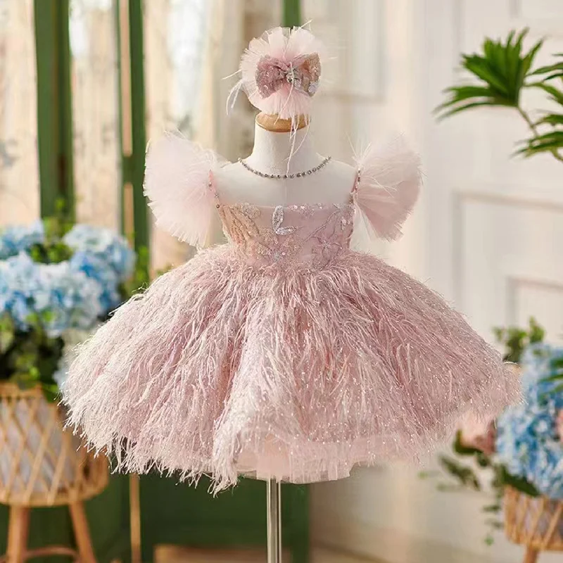 Clearance Event Roycebridal Elegant Pink Flower Girl Dresses with Hairband Feathers for Baby Kids Wedding Birthday Communion Party Pageant J082