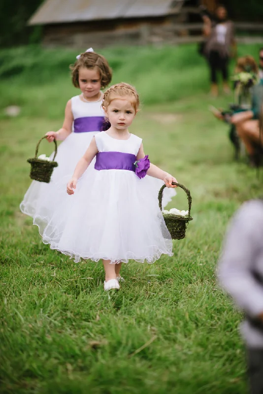 Hollywood Glam Award - Show Style Satin and Tulle Flower Girl Dress with Purple Flower Sash