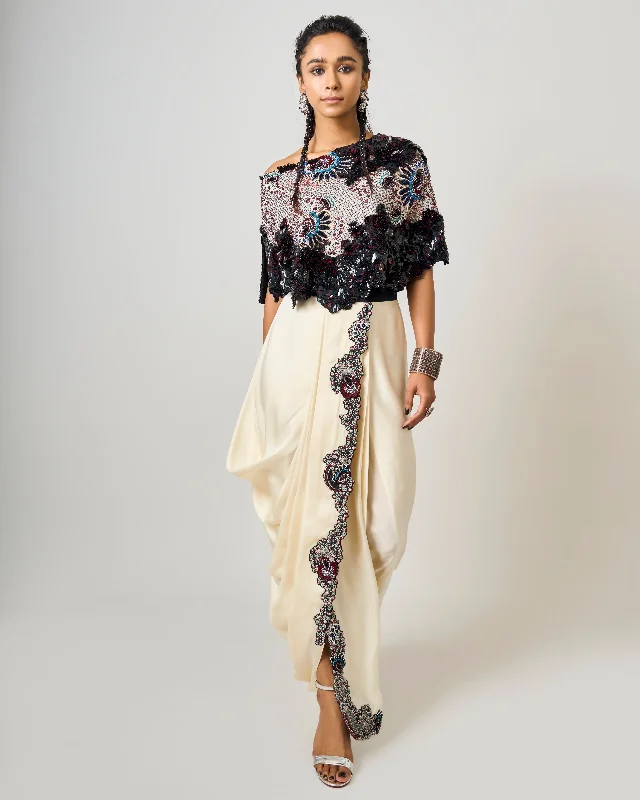 End Of Season Sale Black Hand-Embroidered Off-Shoulder Cape With White Sari Skirt Set