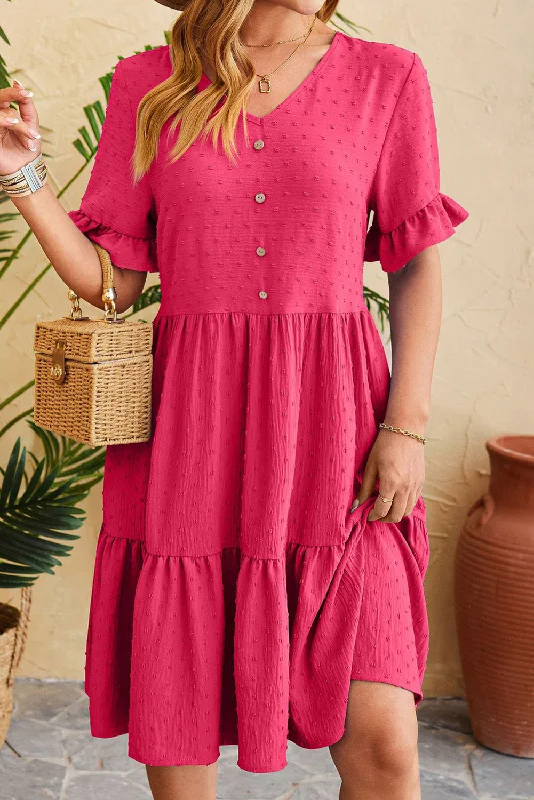 Latest Trends Strawberry Pink Jacquard V Neck Ruffle Sleeve Midi Dress