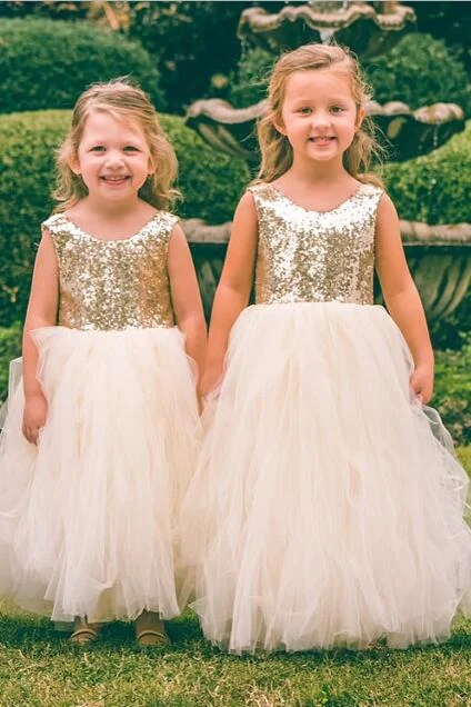 Rustic Countryside Charm Look Scoop Neck Gold Sequin Wedding Party Dress for Children