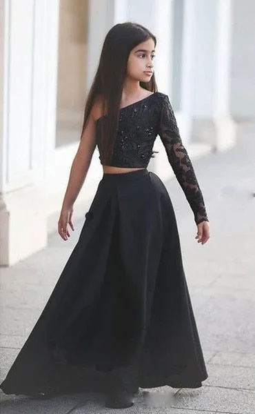 Chic Style Roycebridal Girls Pageant Dresses Black One Shoulder Long Sleeve Two Piece Kids Prom Dresses A Line Beaded Sexy Flower Girl Arabic robe