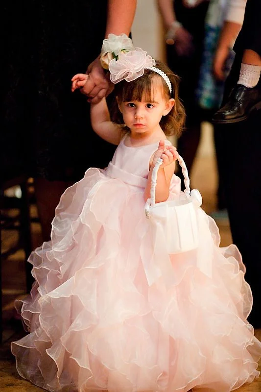 Nordic Minimalist Home Look Organza Ruffles Satin Pink Flower Girl Dress Ball Gown