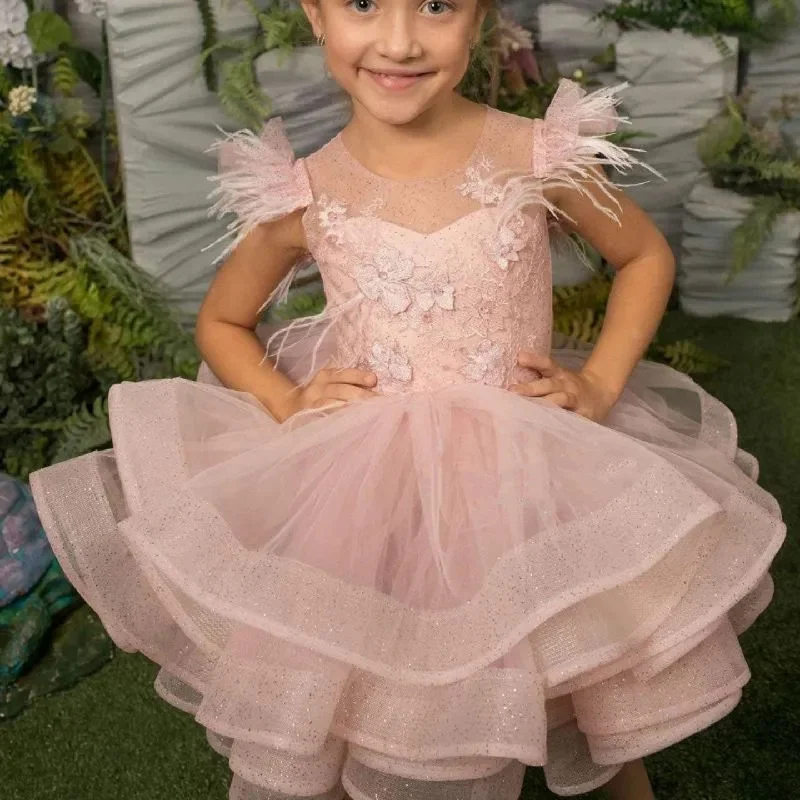 Limited Styles Roycebridal Luxury Pink Baby Flower Girl Dress Feathers Princess Kids Ball Gown for Birthday Wedding Party Holy Communion J144