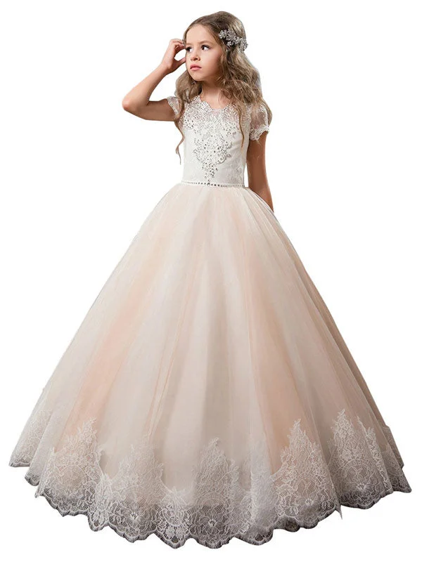 End Of Season Sale V-Neck Tulle Short Sleeves Ankle Length Ball Gown Bows Kids Pageant flower girl dresses