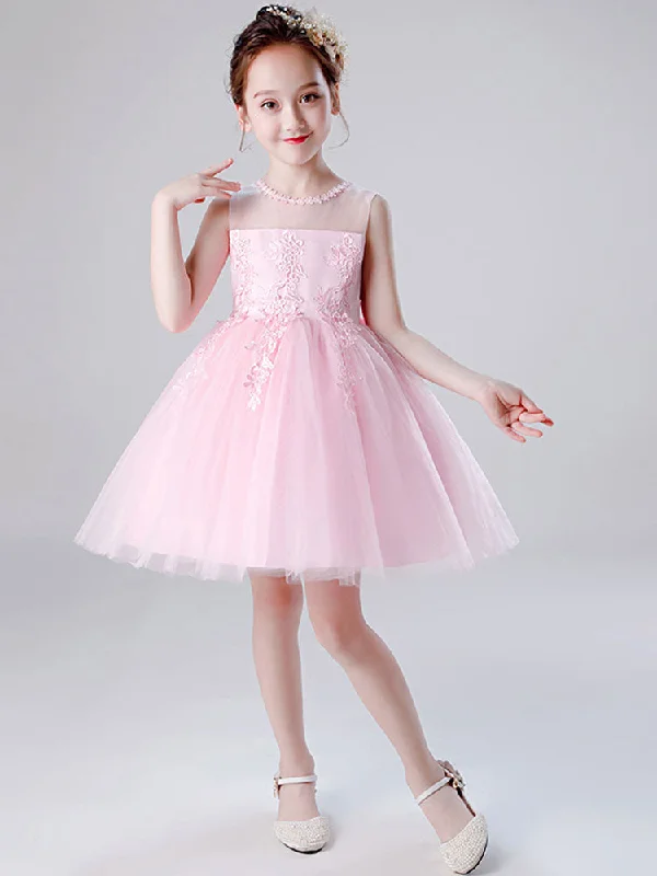 Special Occasion Wear Jewel Neck Tulle Sleeveless Short Princess Embroidered Kids Social Party Dresses