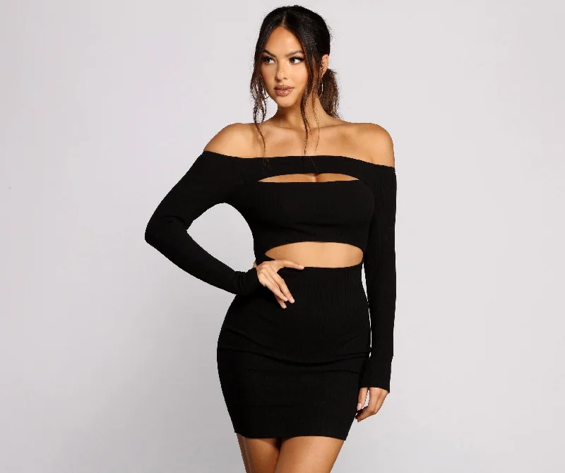 Today Only Off The Shoulder Ribbed Graceful Knit Cutout Mini Dress