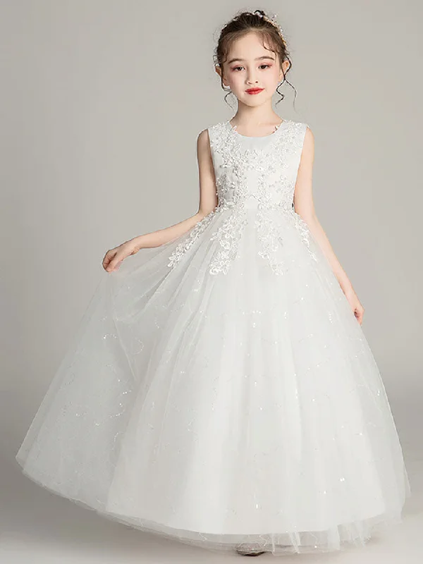 Stylish Looks Jewel Neck Tulle Sleeveless Ankle Length Princess Embroidered Kids Party Dresses