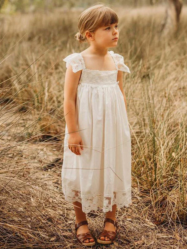 Spring Fashion White Jewel Neck Sleeveless Lace Kids Social Party Dresses