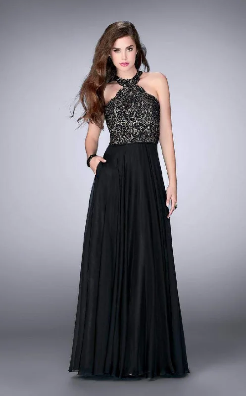 Disco - Inspired Retro Dance Look La Femme 23975SC - Choker Halter Lace Chiffon Prom Dress