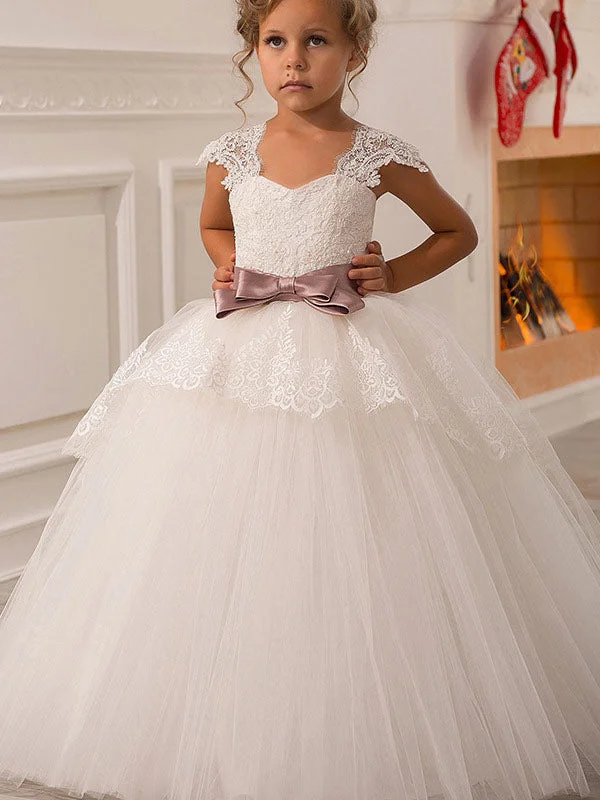 Summer Essentials Square Neck Lace Short Sleeves Ankle Length Ball Gown Bows Kids Pageant flower girl dresses