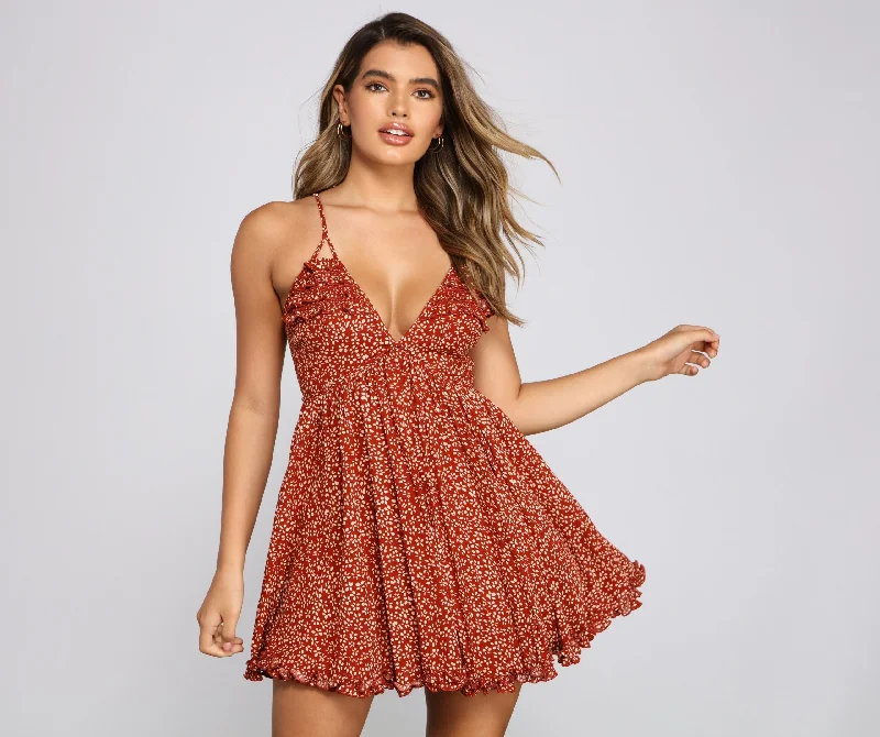 Winter Warm - Up Sale Floral Twirl Stylish Ruffled Skater Dress