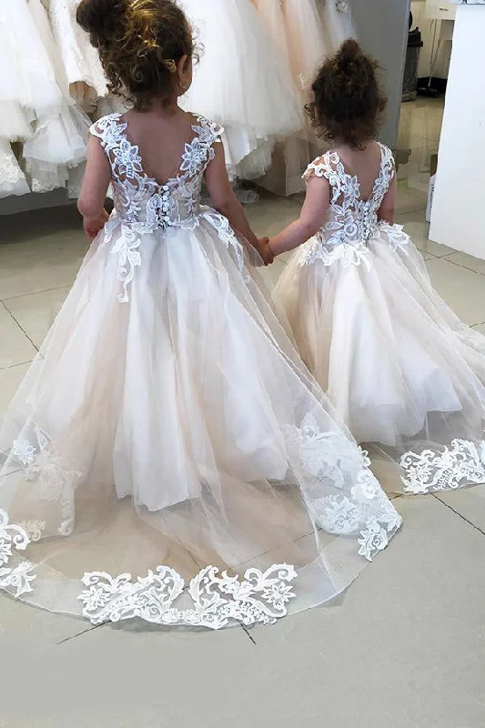 Summer Fashion Long Tulle Sleeveless Flower Girls Party Dresses With Lace Appliques