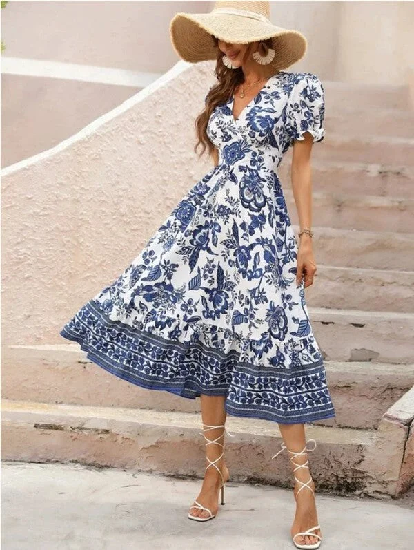 Spring Fling Sale Women Short Sleeve V Neck Floral Maxi Dress