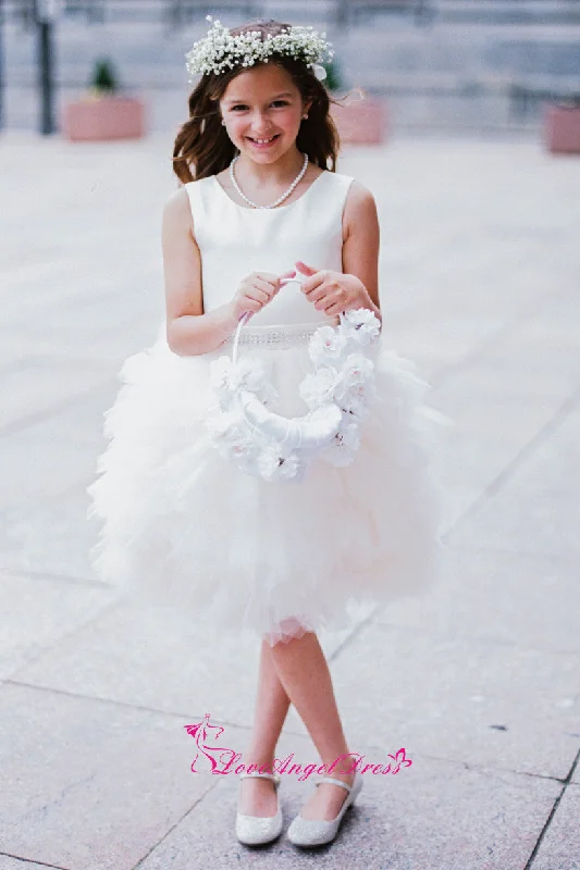 Coastal Beach - Inspired Style Sleeveless Satin Puffy Tulle Knee Length Flower Girls Dresses with Beaded Belt