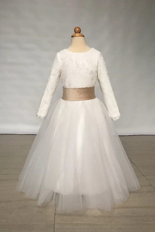 Big Savings On Minimalist Office Styles lvory Lace Long Sleeve Flower Girl Dress with Belt